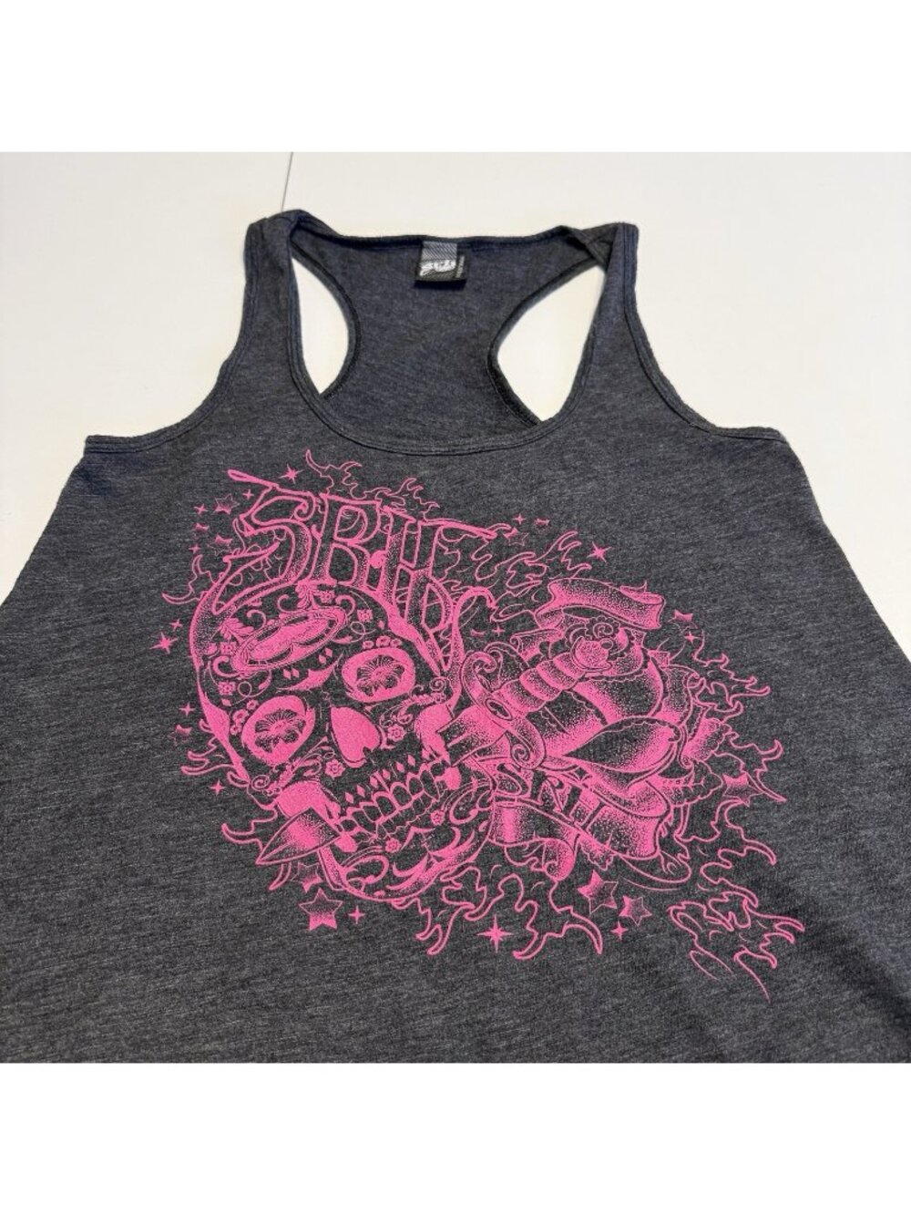 Vintage SRH Womens Racerback Tank Top Shirt Gray Pink Skull Graphic Y2K Grunge